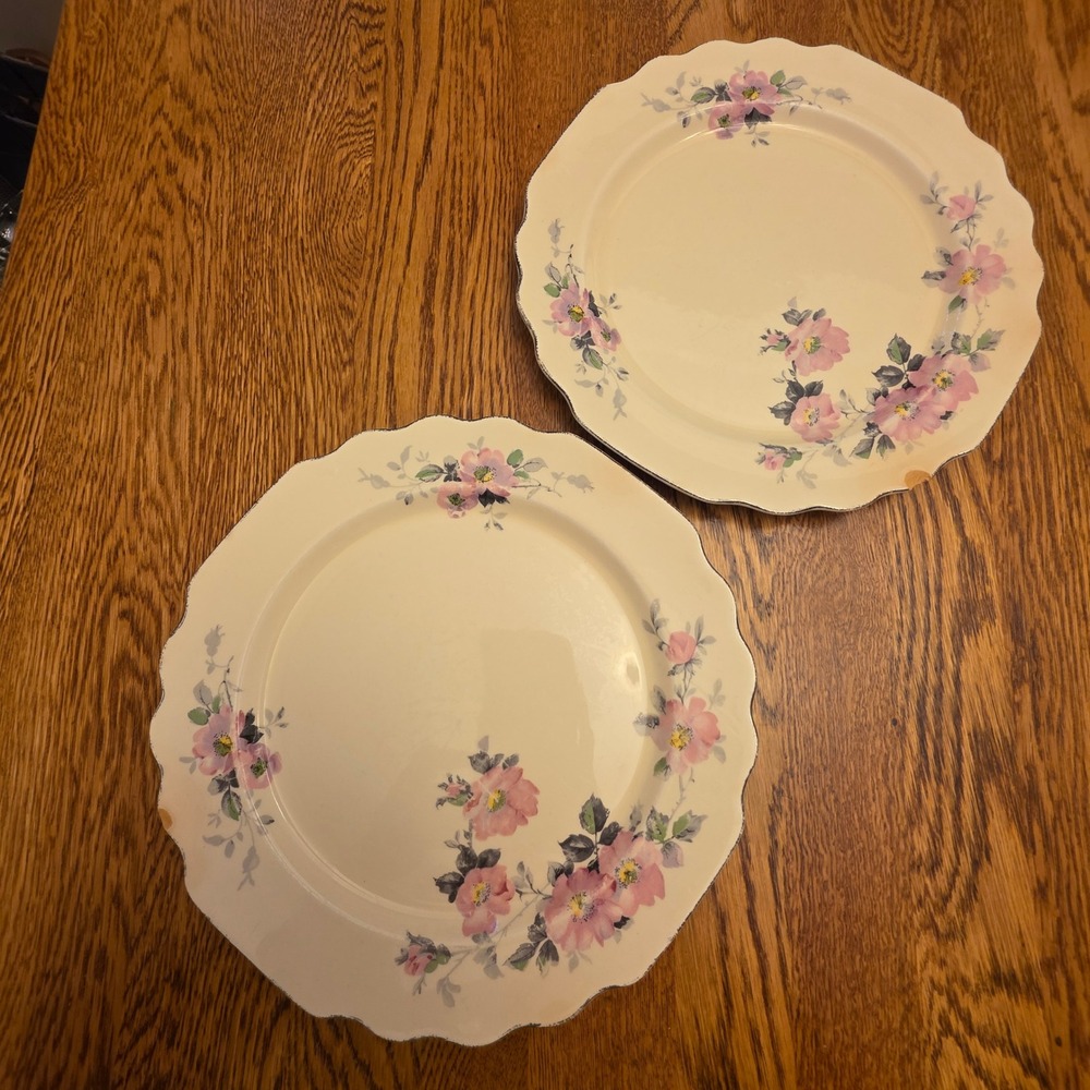 Vintage W. S. George Wild Rose Dinner Plates Scalloped Edge Set of 2 Pink Worn